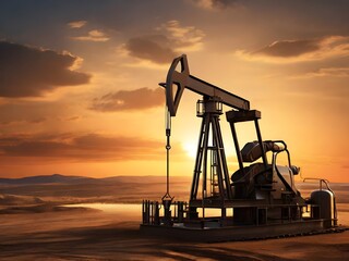 A silhouette of an oil pump jack stands tall against a fiery sunset, symbolizing the tireless extraction of energy from the earth