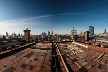 Panoramic picture of the city from the building's roof and empty floors, Ai generated