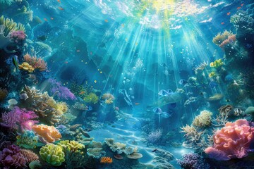 Fototapeta na wymiar An underwater seascape with coral reefs marine life and sunbeams piercing through the water