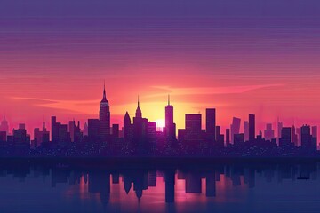 Fototapeta na wymiar A detailed city skyline silhouette at sunrise with a gradient sky