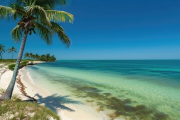 Fototapeta na wymiar A tropical paradise with palm trees white sand beaches and turquoise waters