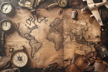 A vintage aviation background with old maps compasses and airplanes
