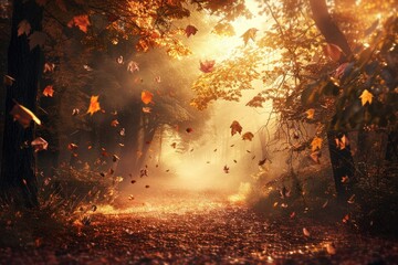 A warm autumn forest path with falling leaves and soft sunlight