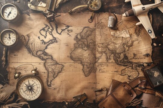 A vintage aviation background with old maps compasses and airplanes