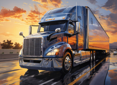 An illustration of a truck on the highway against the backdrop of the evening sun, generative AI	
