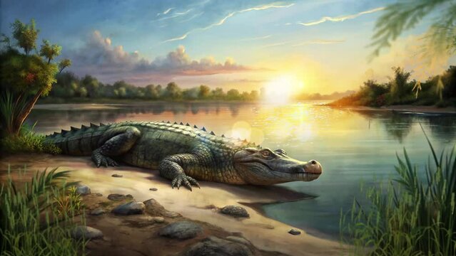 Crocodile sunbathing on the edge of the lake at sunset