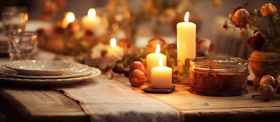 Naklejka na ściany i meble A table is covered with numerous candles and plates, creating a warm and inviting ambiance. The flickering candlelight adds a cozy atmosphere to the setting.