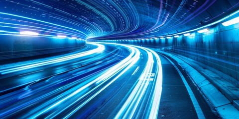 Abstract road with blue light trails , data transfer speed and digitization concept