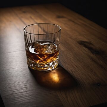Glass of whiskey with ice on a wooden table in the dark.