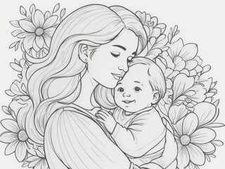 Loving mother embracing her baby with floral background - line art illustration for coloring book