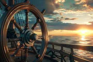 Fotobehang a ship steering wheel on a boat © Alex