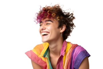 Portrait shot of Young joyful Gay man with colorful lgbt dress isolated on transparent background, Gay transgender smile and posing with trendy lifestyle.