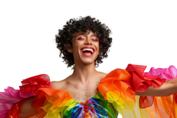 Portrait shot of Young joyful Gay man with colorful lgbt dress isolated on transparent background, Gay transgender smile and posing with trendy lifestyle.