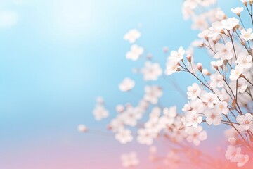 Fototapeta premium Small white flowers on a toned on gentle soft blue and pink background outdoors close-up macro . Spring summer border template floral background. Light air delicate artistic . generative ai