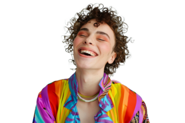 Portrait shot of Young joyful Gay man with colorful lgbt dress isolated on transparent background, Gay transgender smile and posing with trendy lifestyle.