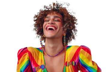Portrait shot of Young joyful Gay man with colorful lgbt dress isolated on transparent background, Gay transgender smile and posing with trendy lifestyle.