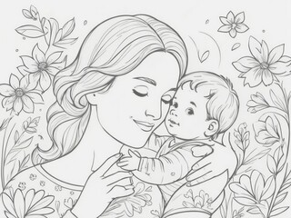 Mother and Child Embracing in Floral Setting - Line Art for Coloring Page