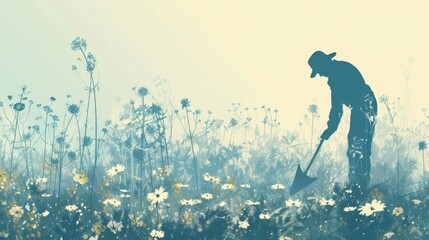 Gardener silhouette pastel flower field - obrazy, fototapety, plakaty