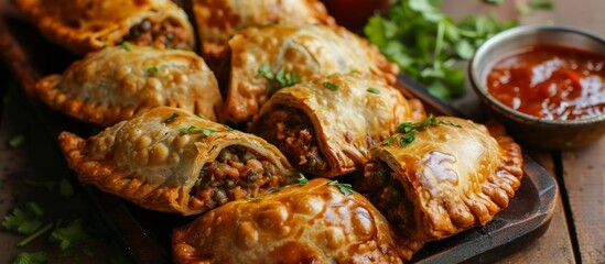 Delicious plate of freshly baked meat and cheese stuffed pastries for a savory meal