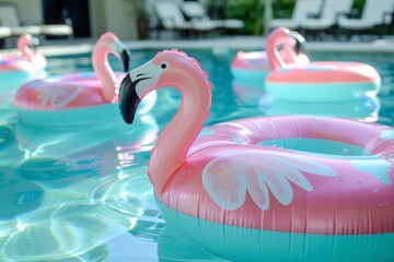 Pastel flamingo whimsical birthday pool party colorful floaties