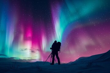 Photographer silhouette colorful aurora backdrop - obrazy, fototapety, plakaty