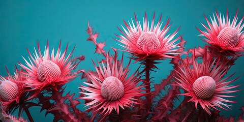 Artistic display of pink plants with spiky features accented against a teal background - Powered by Adobe