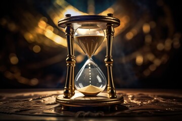 hourglass illustration, dark background, Close-up of a golden hourglass on a table with a moody backdrop and a clock motif, Ai generated