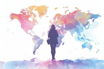 Traveler silhouette pastel world map - obrazy, fototapety, plakaty