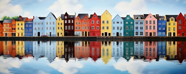 Colorful row of homes on a lake. Reflection of houses in the water. Old buildings in Europe. Architectural landscape - obrazy, fototapety, plakaty
