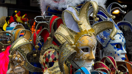 Venice Carnival. People in Venetian carnival masks and costumes on streets of Venice, Italy, Europe February 10, 2024