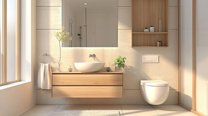 Fototapeta na wymiar Bright bathroom with white sink on a wooden countertop, monochrome beige colors, daytime. Interior design