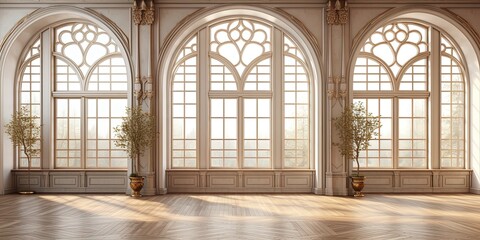 A room with arched windows that allow warm natural light to flood in, illuminating the wooden floor and walls adorned with intricate molding and fixtures, creating a timeless and inviting atmosphere - obrazy, fototapety, plakaty