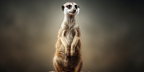 Vigilant meerkat standing up in studio and looking for predators, vigilance and prevention concepts - obrazy, fototapety, plakaty