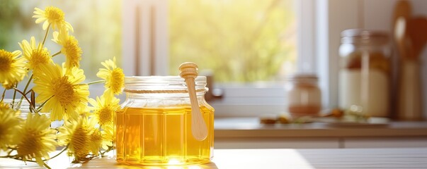 Natural floral golden honey in glass jar on table in light colored kitchen. Background with copy space for bee farm for production of homemade healthy - obrazy, fototapety, plakaty