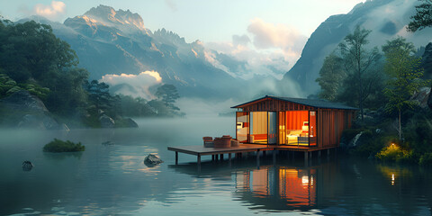 A house on a small island in the middle of a lake with trees and mountains landscape  - obrazy, fototapety, plakaty