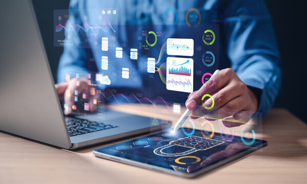 dashboard, database, management, system, technology, information, network, analysis, graph, cloud computing. use tablet to analyst working with business analytics and data management system.