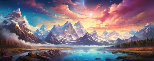 The majestic mountains stood tall against the vibrant sky, as the distant planet beckoned with its unknown allure, a landscape that evoked a sense of wonder and adventure - Powered by Adobe
