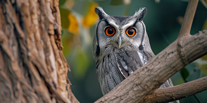 A white faced scops owl in a tree staring