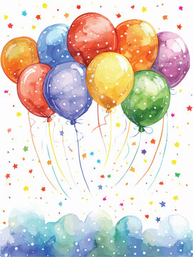 Rainbow Revelry: Colorful Watercolor Balloons with Stars and Confetti, a Fun Birthday Party Celebration Design