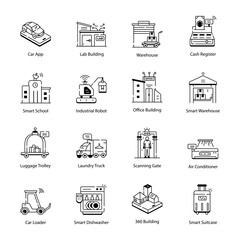 Trendy Linear Icons Depicting Autonomous Devices and Buildings 

