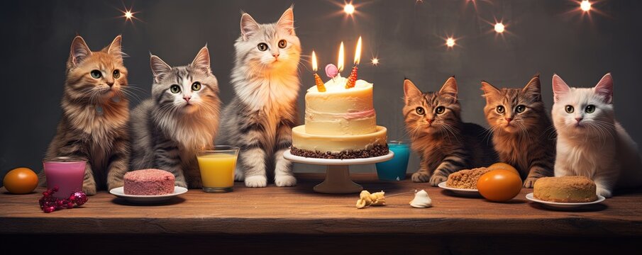 Cat birthday party. Kitten celebration with cake and ice cream and candles. Pet party