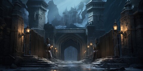 Entrance to the kingdom, or gated city. Medieval gate or checkpoint. - obrazy, fototapety, plakaty