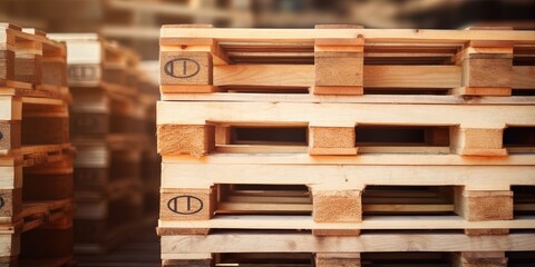 Stack of wooden pallet. Industrial wood pallet at factory warehouse. Cargo and shipping. Sustainability of supply chains. Eco-friendly and sustainable properties