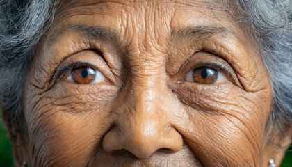 Old senior woman eyes, closeup detail to her face, both iris visible, wrinkled skin near