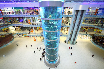  Aquarium as a tall column inside the shopping and entertainment complex Aviapark, top view