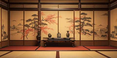 Fotobehang A vintage Japanese room, background. Traditional high class Japanese style room with gold style decorated walls. © Sanych