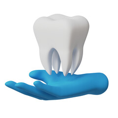 Cartoon human hand holding healthy white tooth 3d icon stomatology and dentistry concept
