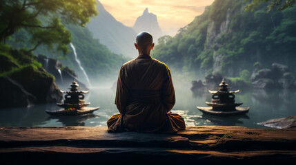 Buddhist meditating in front of water and mountains