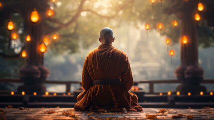 Asian buddhist peacefully meditation in a temple - obrazy, fototapety, plakaty
