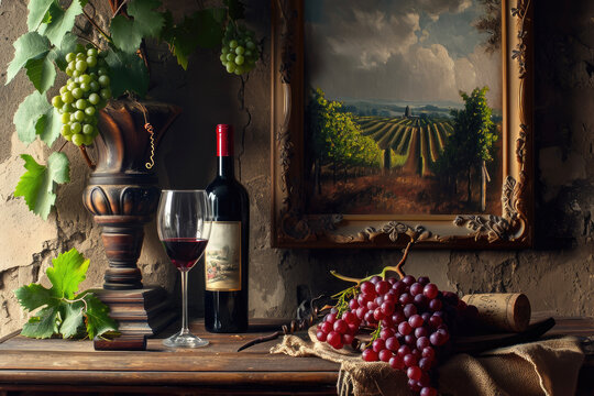 A still life of a wine bottle, a glass, a bunch of grapes and a painting of a vineyard on the wall